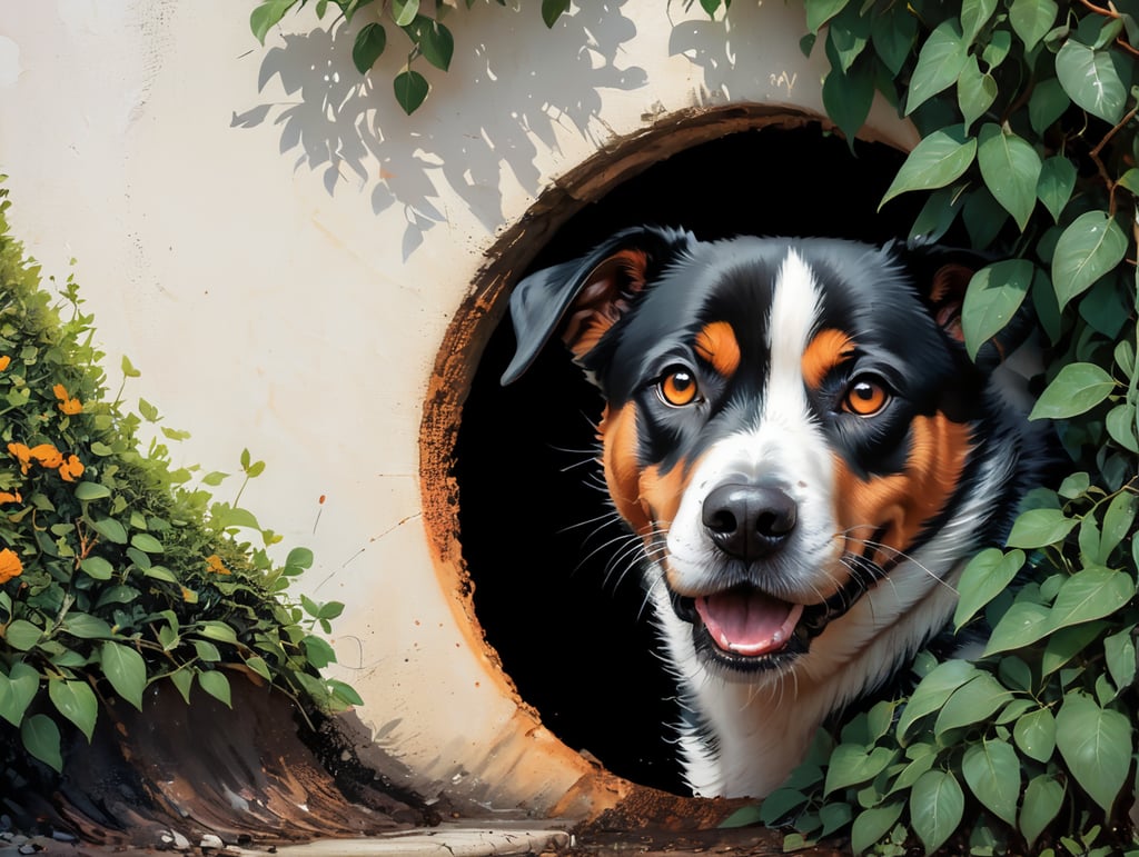 Black an white dog digging a hole under a privet hedge