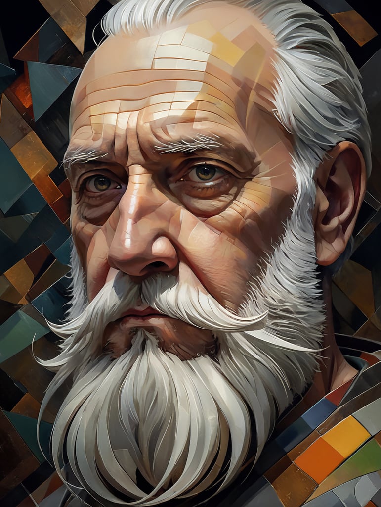 A fragmented portrayal of a melancholic cubist perspective breaks down features into geometric shapes, capturing his long white beard and weary facial expression with depth and abstraction.