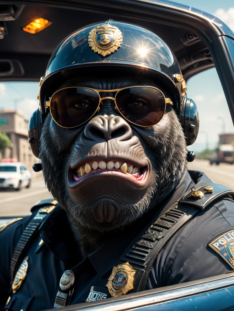 Gorilla police officer, sitting behind the wheel of a police car, close-up shot, sunglasses, clipart, stock photo