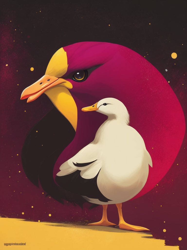 Highly detailed portrait of a white duck, by atey ghailan, by greg rutkowski, by greg tocchini, by james gilleard, by joe fenton, by kaethe butcher, gradient yellow, black, brown and magenta color scheme, grunge aesthetic!!! graffiti tag wall background