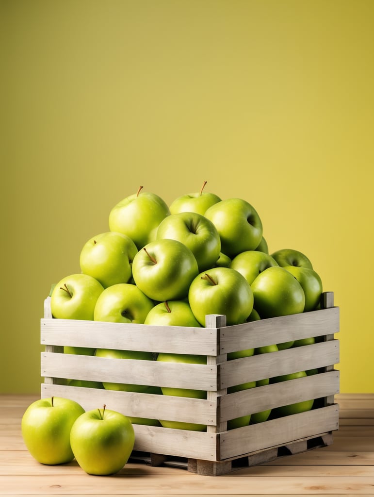 wooden crate with green apples, isolated, yellow background, mockup, mock up