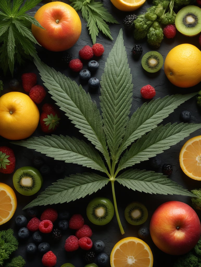 Photorealistic cannabis leaf with 7 leaves surrounded by exotic fruit, berries, and vegetables