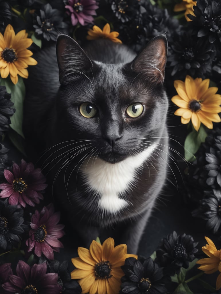 A total black cat is surrounded by black flowers and black flowers in a pile of them, looking up at the camera, a stock photo, conceptual art, photorealistic