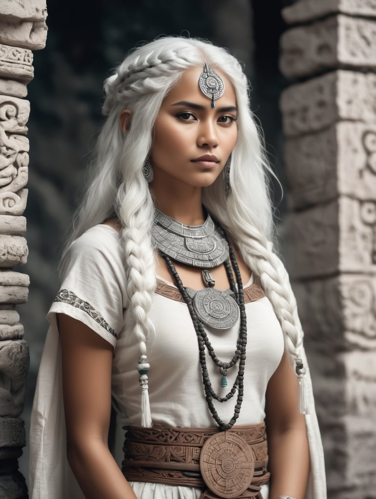 Young beautiful mayan priestess. With White hair.