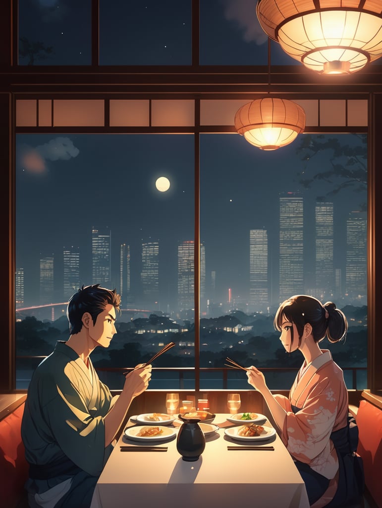 couple dinner at Japanese restaurant with warm light ambience, 2 persons, background big window glass with a night scene, anime art style