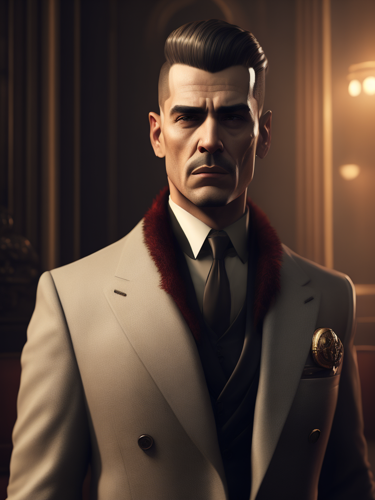 Portrait of a mafia boss in formal suit, Thick build, Hair slicked back, Aggressive look, Against a vintage interior, Subdued tones, Deep colors, contrasting light,