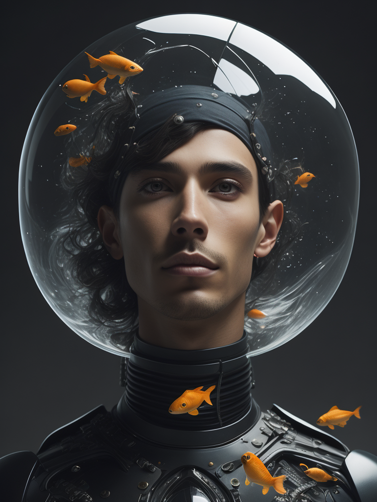 Surreal portrait, Cybernetic Biotech Peace Keeper with a fishbowl head with goldfish inside, biotech gear, armor made of bioluminescent black liquid mercury dripping upwards, cape flapping in the wind, cinematic lighting, Moebius and Pierre Soulages, hyperrealism, vibrant fantasy sci-fi realism, high-contrast