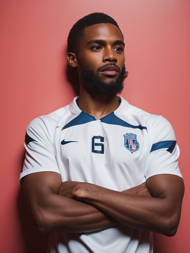 a soccer player stands in a front of the pink wall