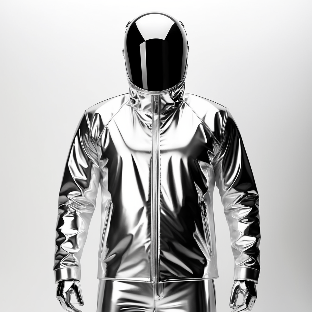 A realistic photo of a chrome shiny jacket on a invisible mannequin, coverall with reflective material, isolated, white background