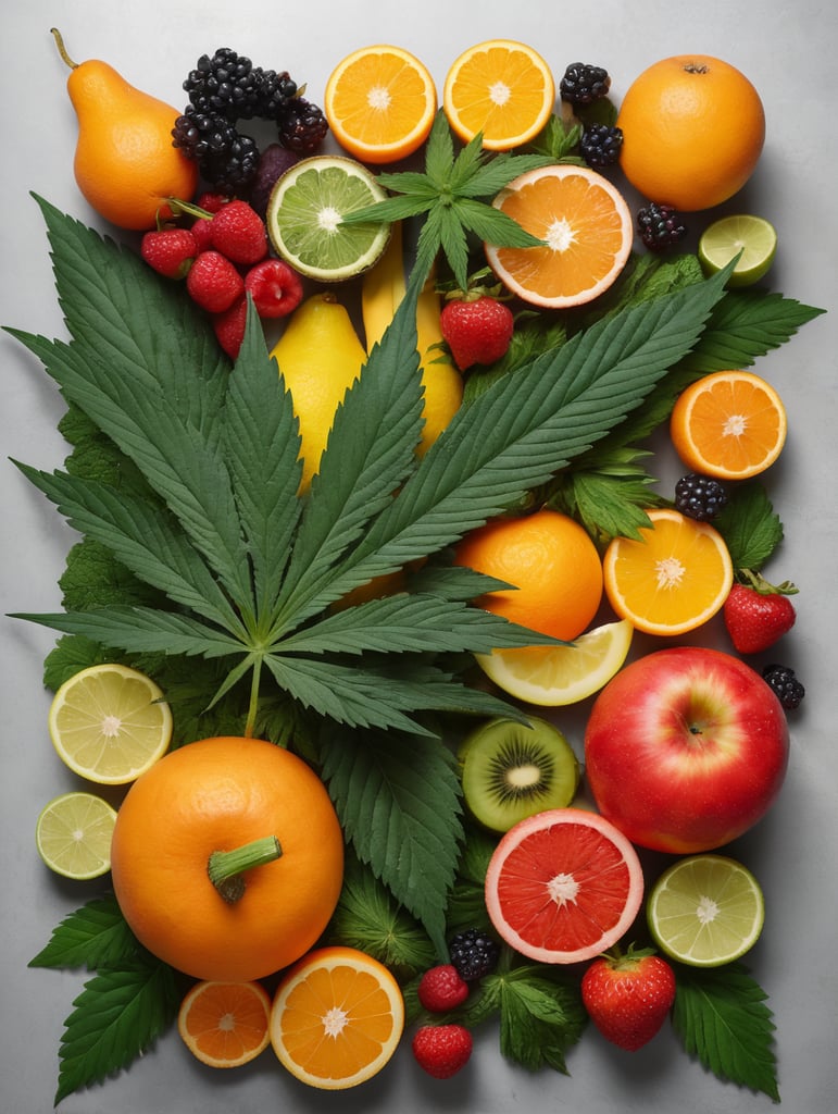 Cannabis leaf surrounded by exotic fruit, berries, and vegetables