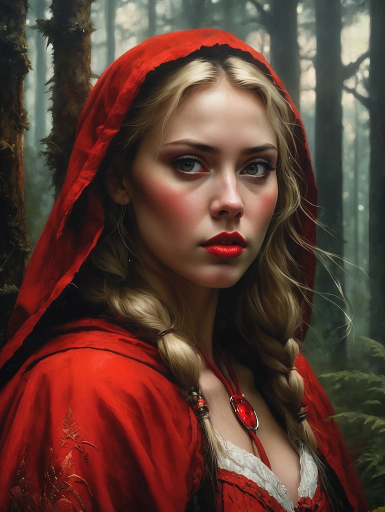 Close Up shot of Red Riding Good as a warrior princess in the dangerous forest, at night, Low saturation color photography, vintage, grunge, top light, masterful painting in the style of Anders Zorn | Marco Mazzoni | Yuri Ivanovich, Todd McFarlane, Aleksi Briclot, oil on canvas