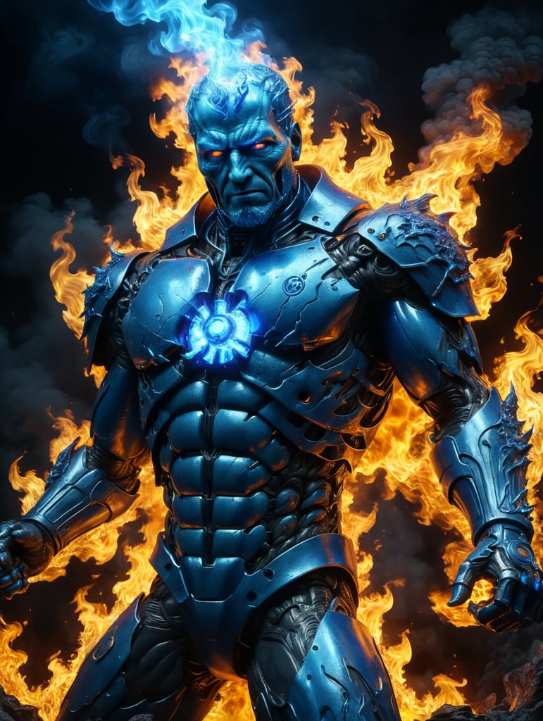 blue glowing radioactive man on fire
