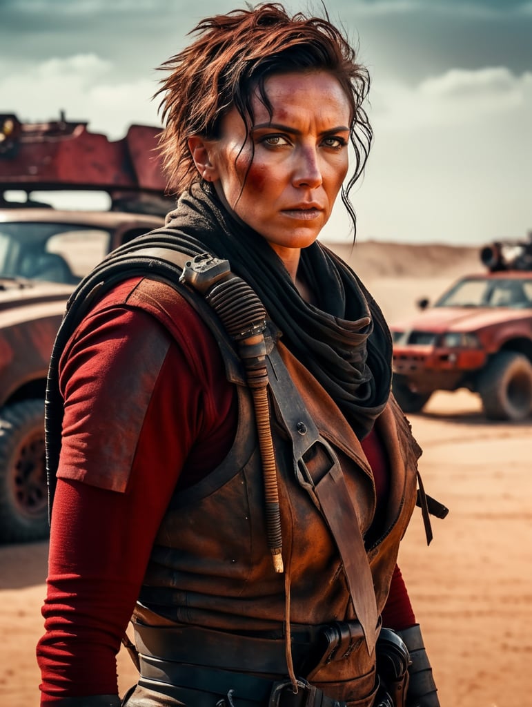 red woman protagonist dystopian theme mad max style wes anderson reference female lead character post apocalyptic setting retro futuristic bold color palette action packed scene visual storytelling