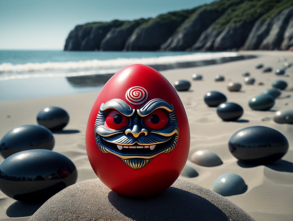 Japanese happy small daruma figure as an red egg. Situated on a beach close to the sea. Left has no pupil