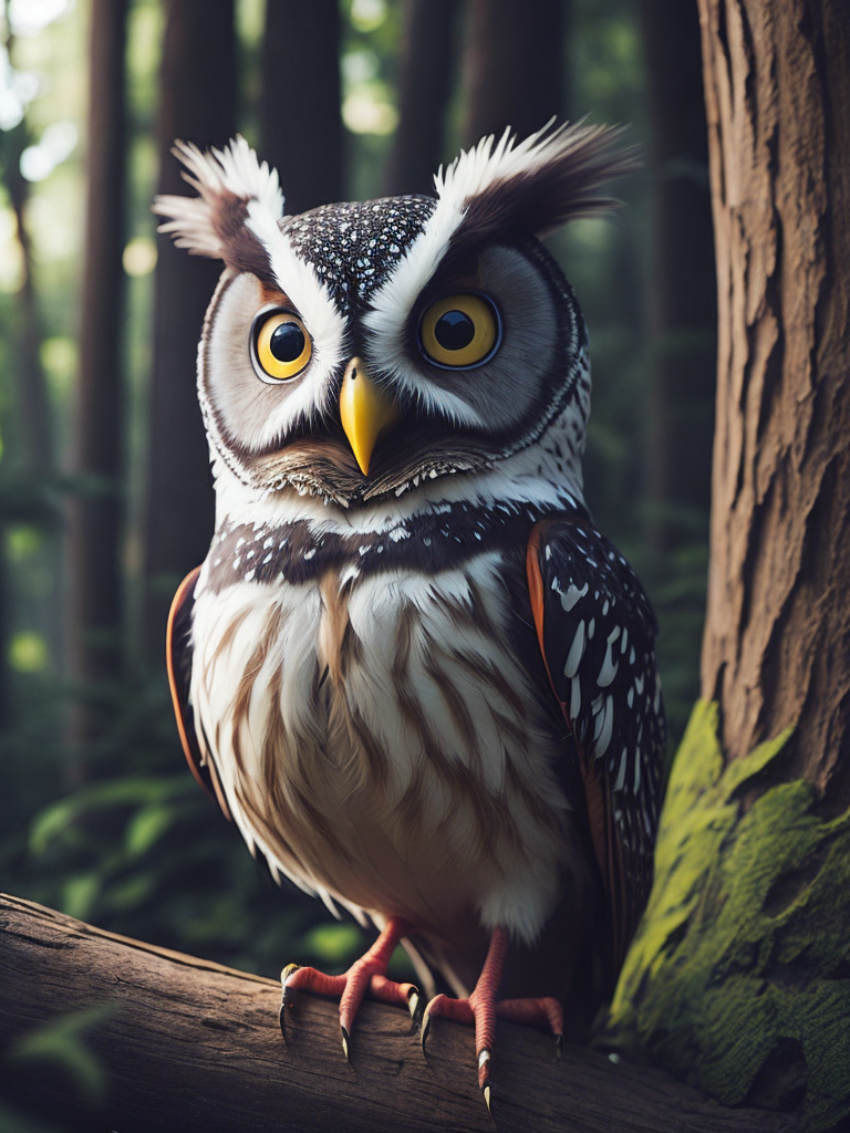 Happy cute owl cartoon character in old disney style in 2d, woods background, hdr, ray tracing, global illumination