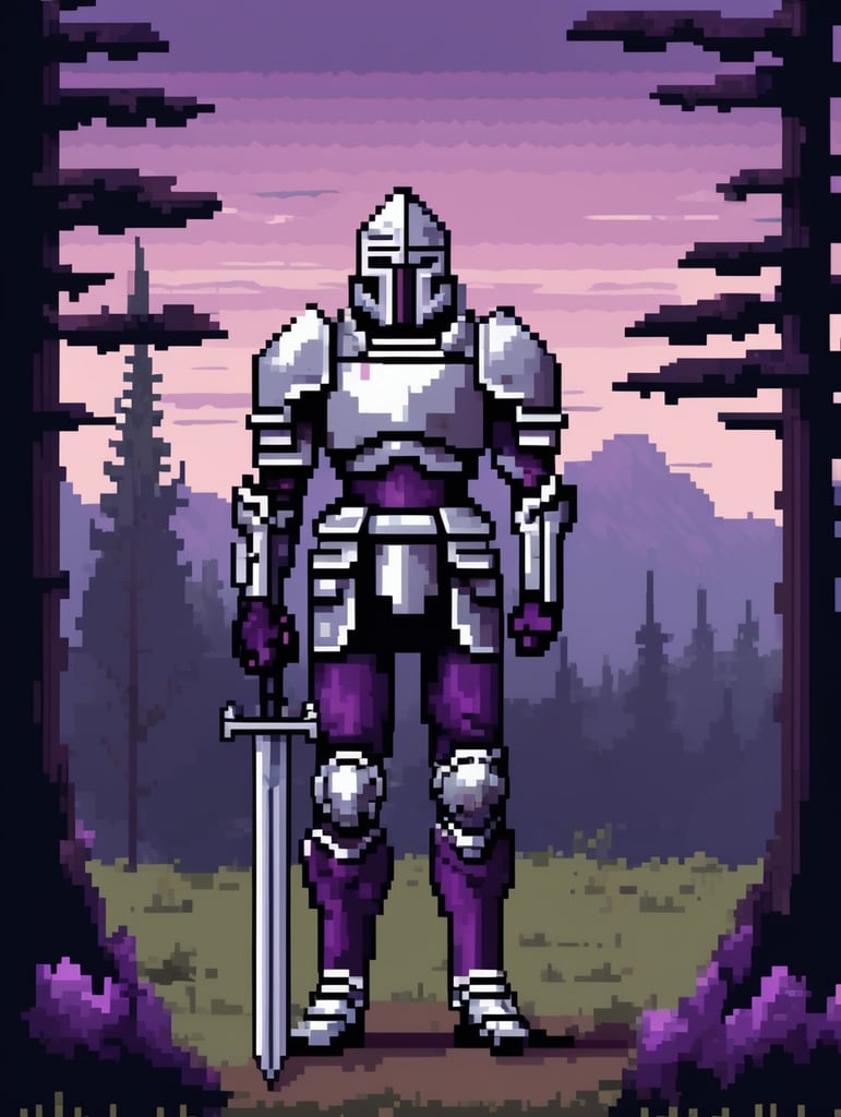 8-bit Pixel art, square bog pixels, flat colors, sad soldier with silver armor, purple sky with dark forest background