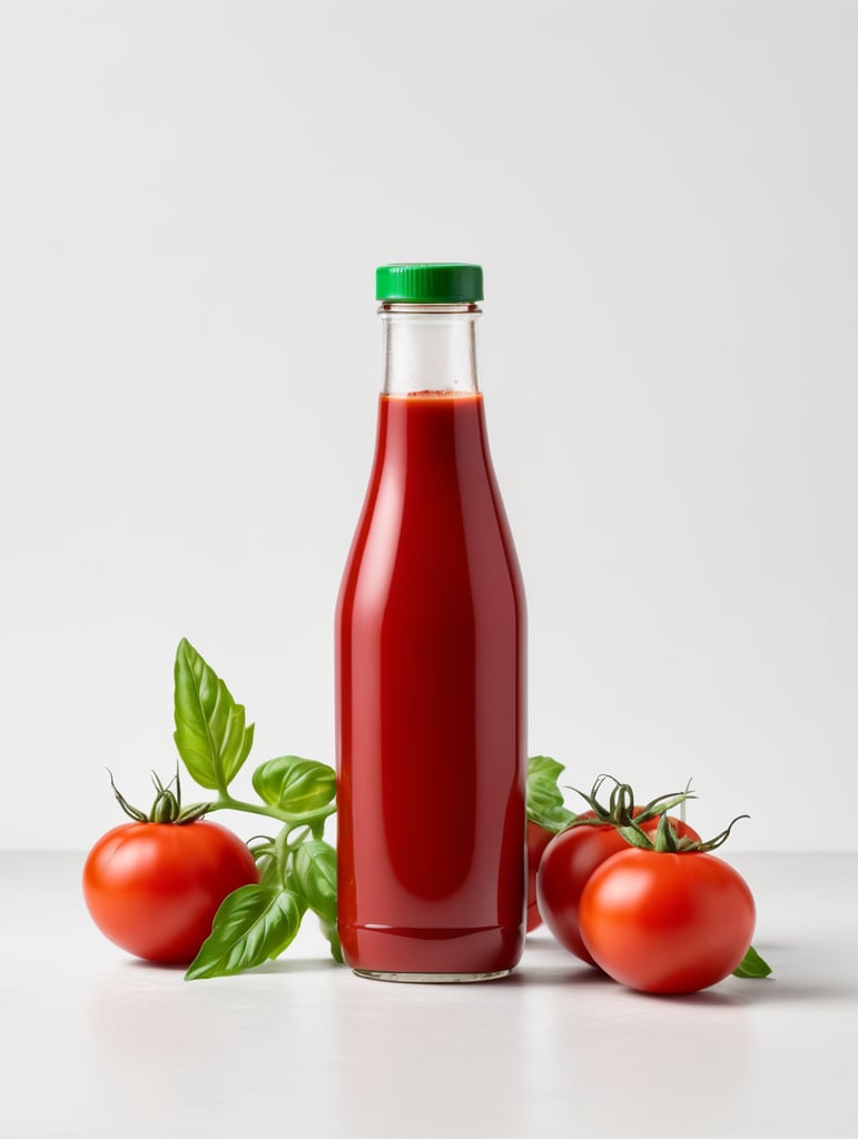 tomato ketchup bottle, red tomato with green leaves, isolated, white background, mockup