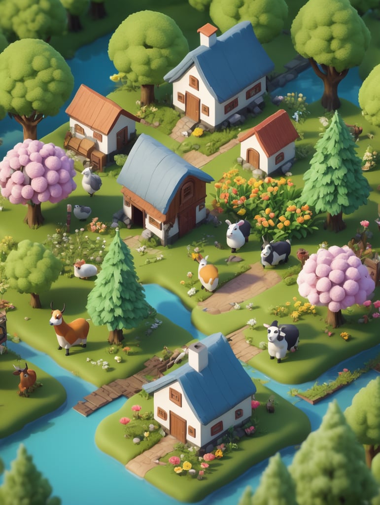 Detailed 3d farm island, fluffy trees, animals, working people, cute creatures, gathering place, flowers, game art style, 3d model, blender modeling, stylized, isometric, tinye style, cute, postcard style, miniatures