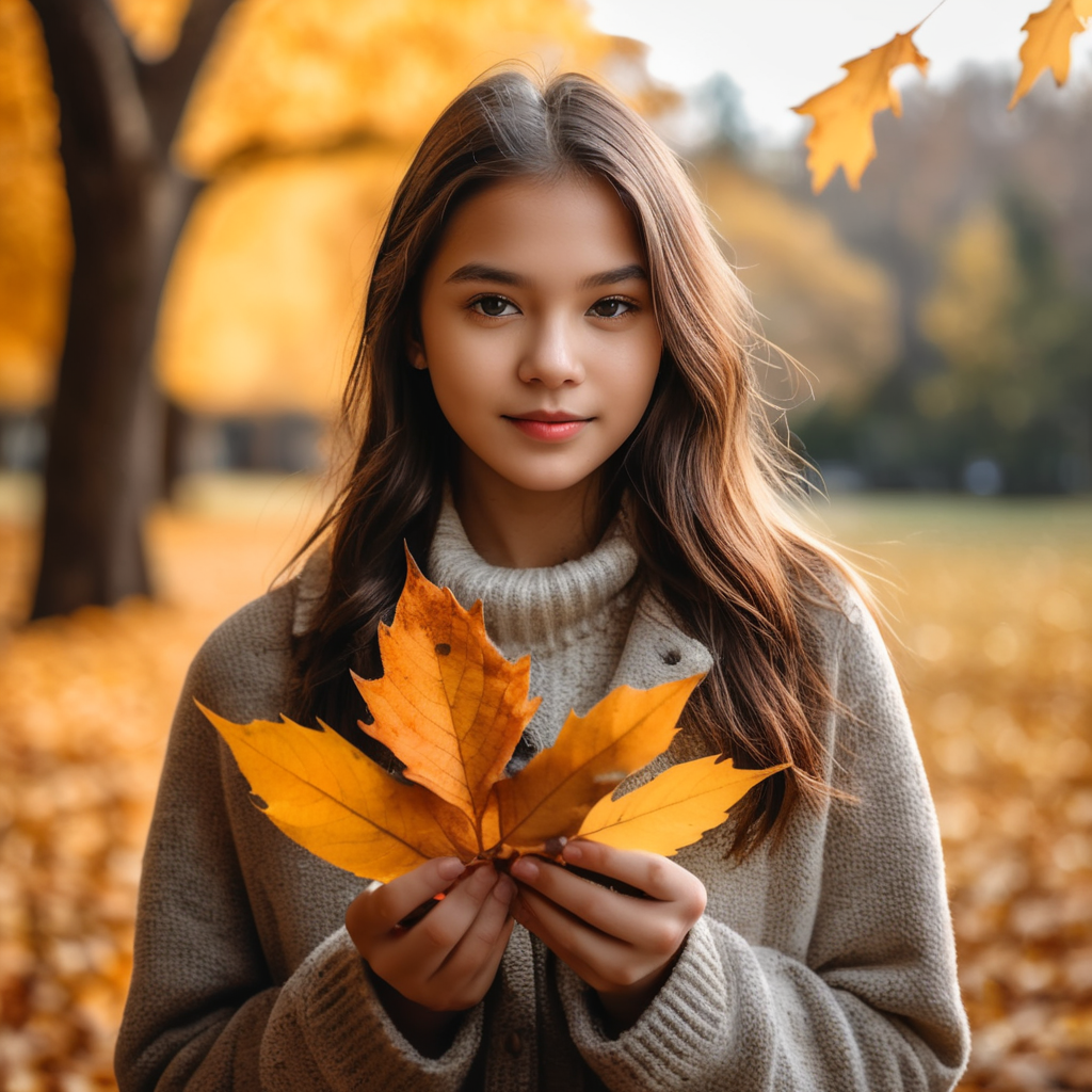 A girl holding autumn leaves and also leaves are falls in background