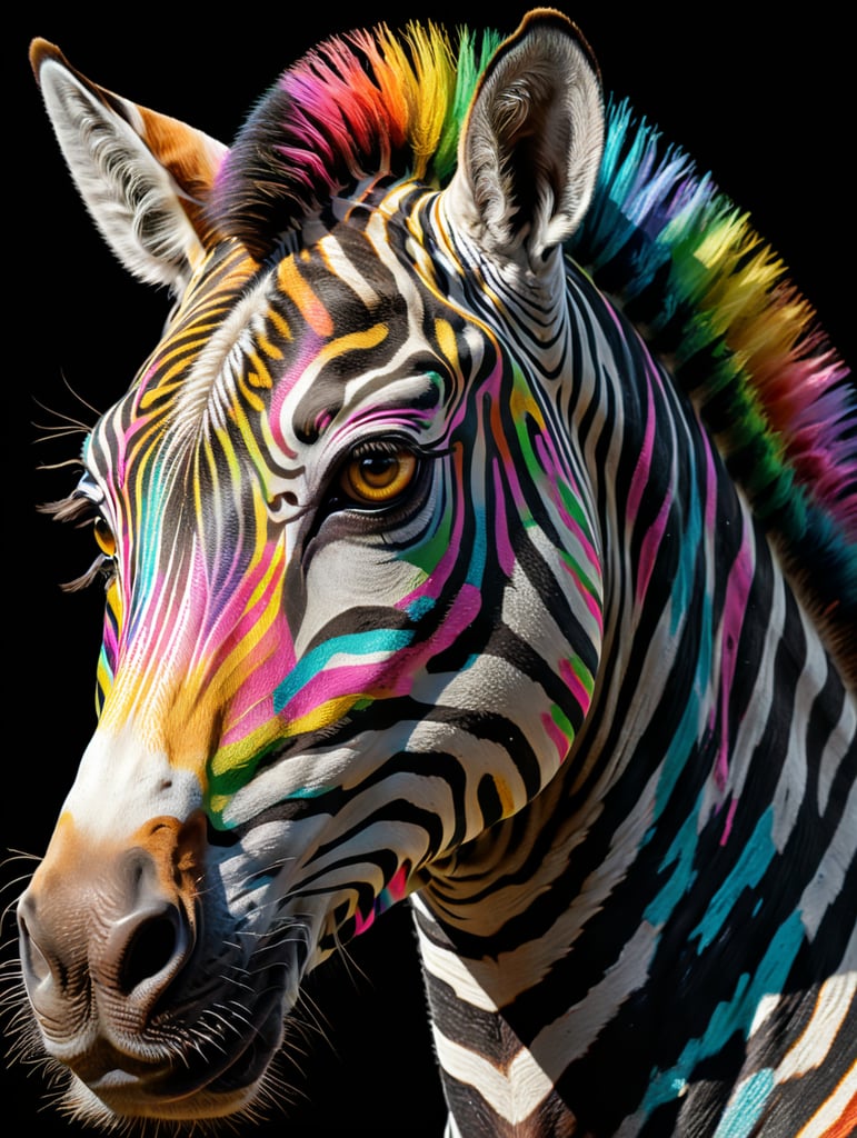 one zebra close-up on a black background, multicolored, hologram, front view, design, in the style of naive art, pastel colors, vector graphics, bokeh, digital painting, soft lighting, black background