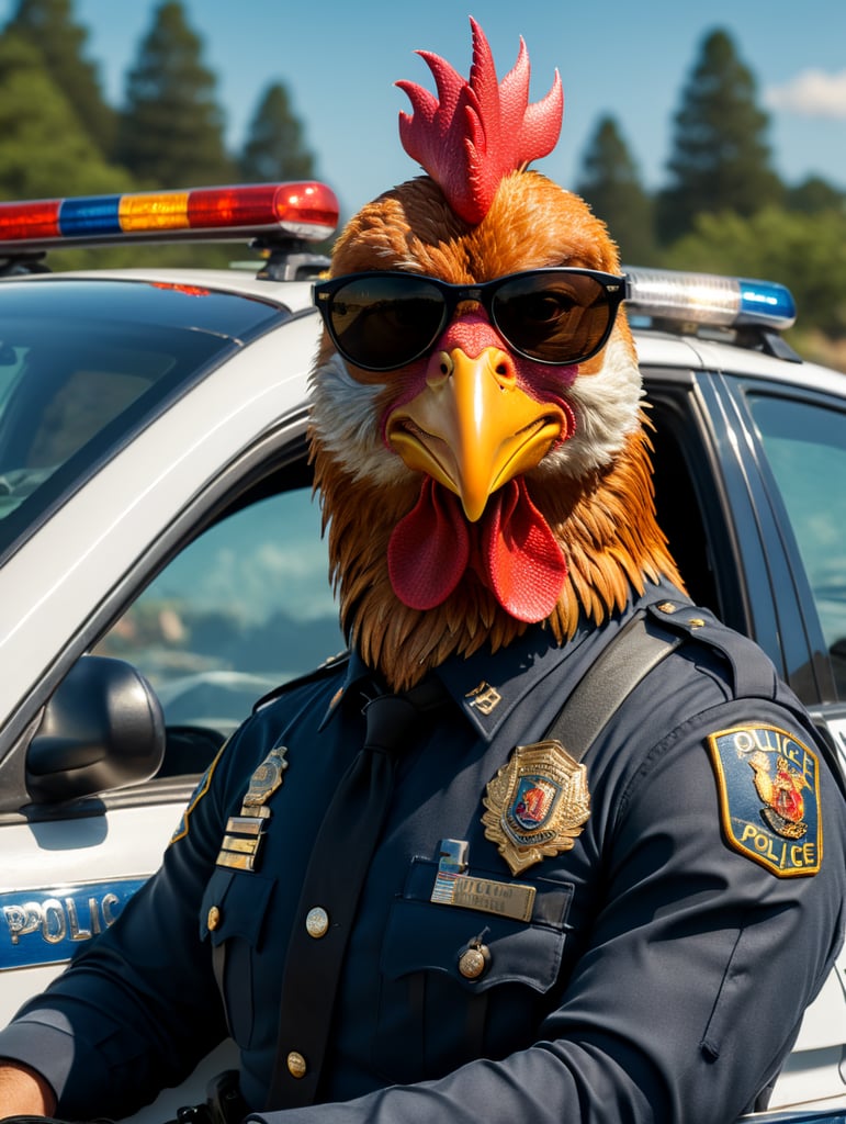 Rooster police officer, sitting behind the wheel of a police car, close-up shot, sunglasses, clipart, stock photo