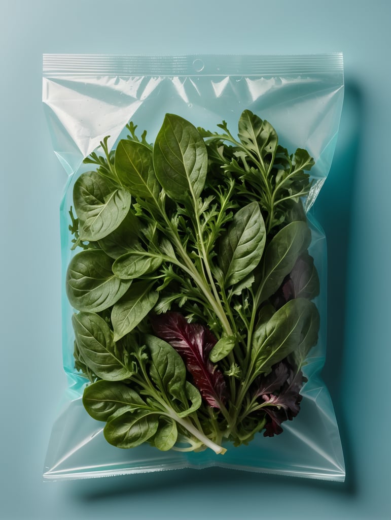 blank Transparent Plastic bag with Arugula Salad, isolated, cyan background, Mockup, mock up