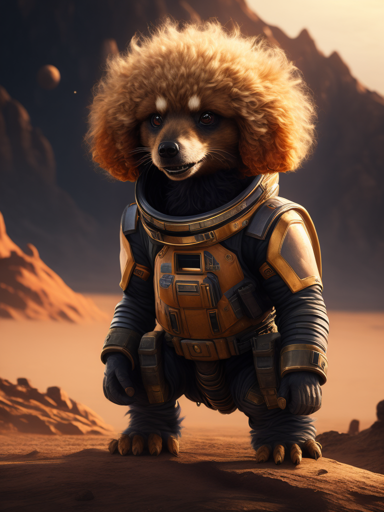 A curly poodle like a Rocket Raccoon from Guardians of the Galaxy wearing astronaut costume on the Mars