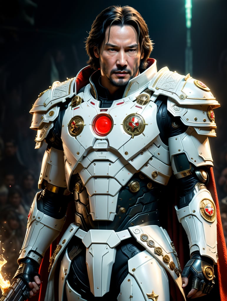 Young Keanu reeves from the 2005 Constantine Movie, but embedded in the Warhammer 40K universe, In a cool calm pose, Smoking a cigarette in his mouth, bolter gun strapped to his left leg. He is wearing Imperial white prist robes, and armor beneath them.