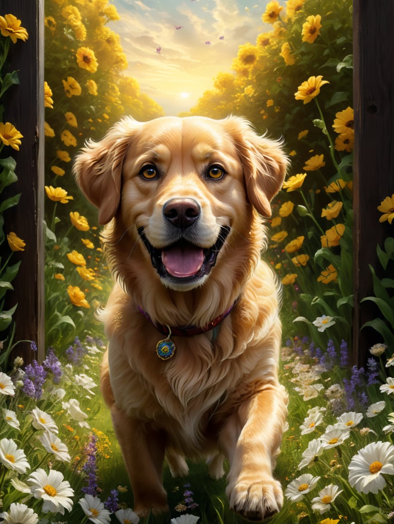 disney pixar movie poster with title'phi', a golden golden retriever with deep brown eyes with longer legs running in a field of flowers. side profile