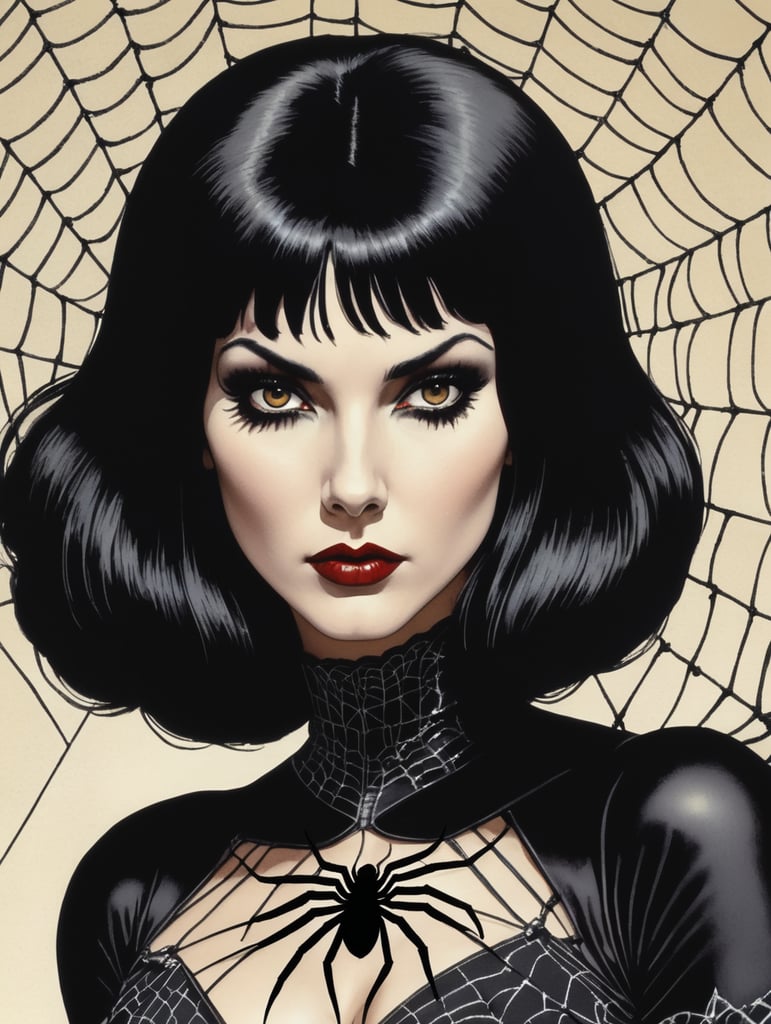 70s comic art Female vampire Goth with dark black hair with black spider web suit 70s comic