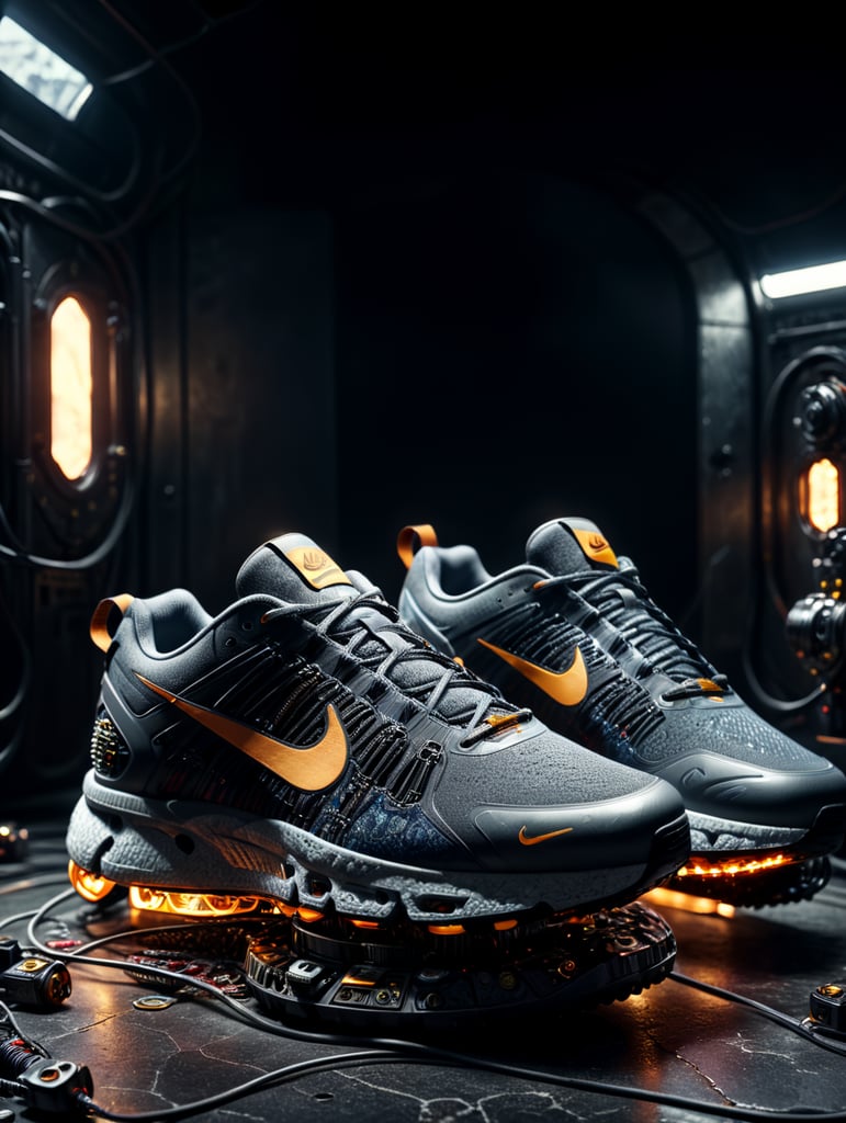 Nike sneakers made out gears, wires, mechanical, electronics, pcb, hyper-realis, futurist, stunning unreal engine render, product photography 8k, hyper-realistic. surrealism