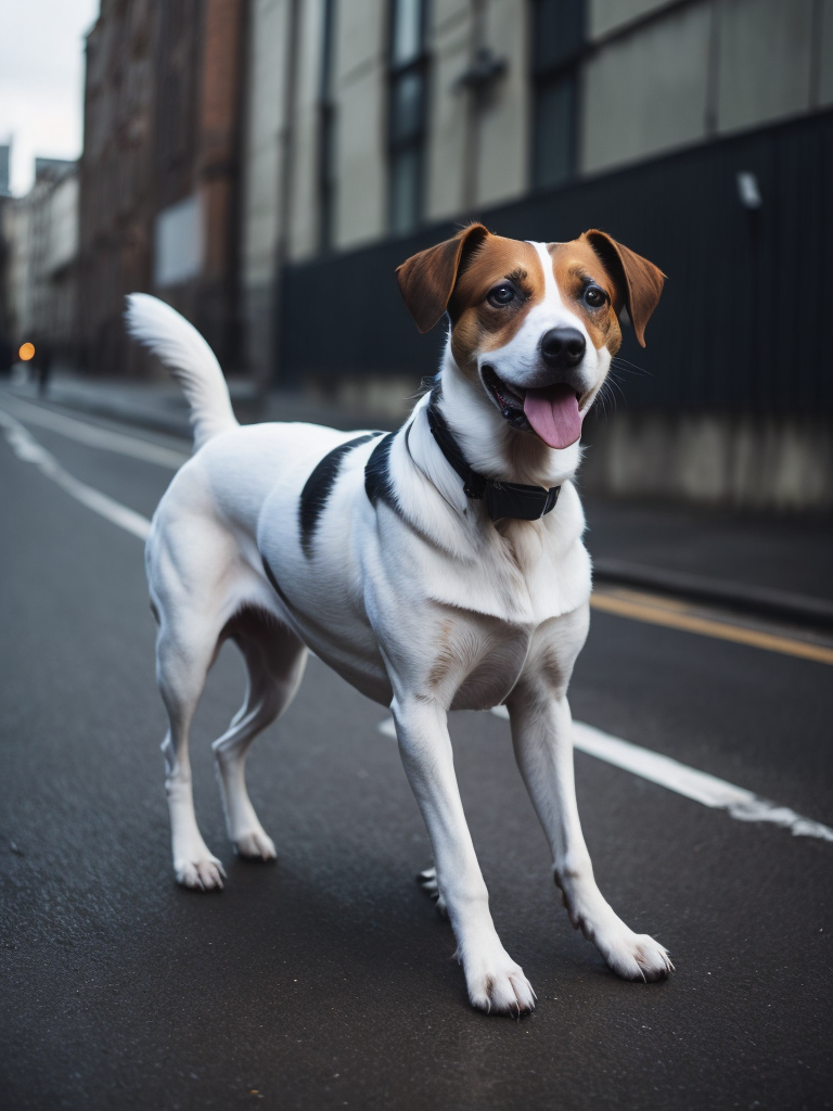 A big dog jack russell in a heroic pose protects the city with the help of a transparent sci-fi shield top view