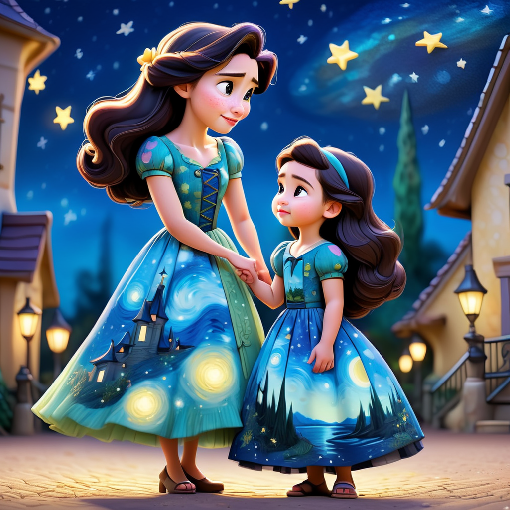 a woman with her daughter, wearing a van gogh print dress under a starry night, Disney Pixar style