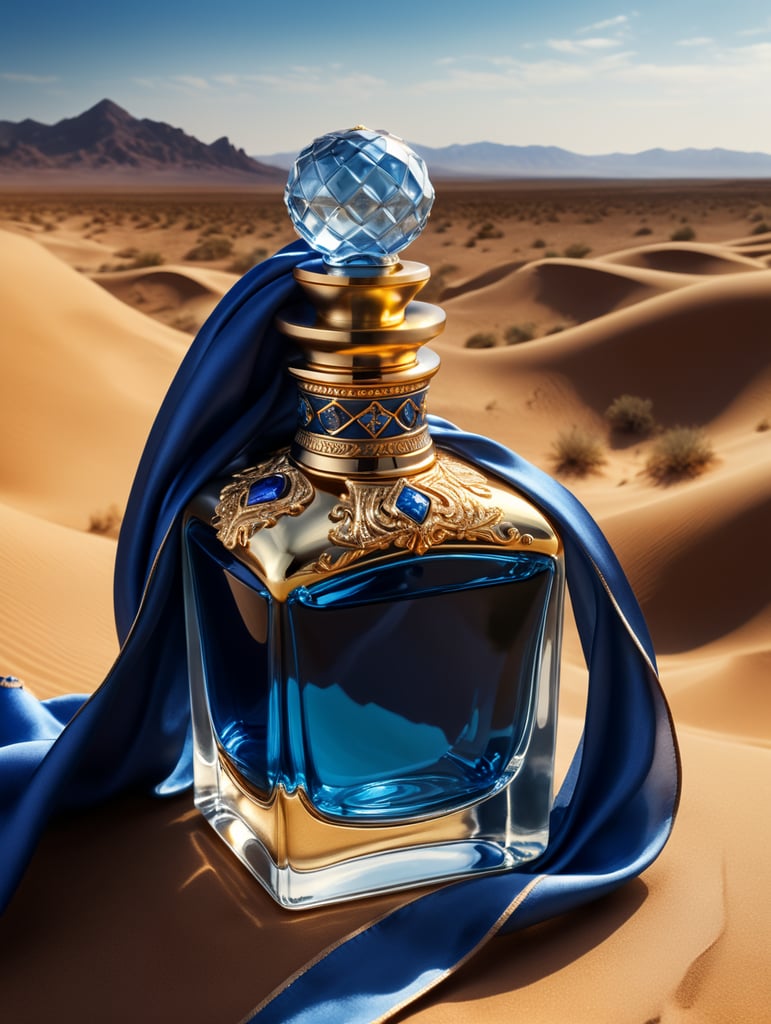 professional photography of a luxury perfume bottle in the desert, Blue satin scarf in the background, no label, clear, mockup