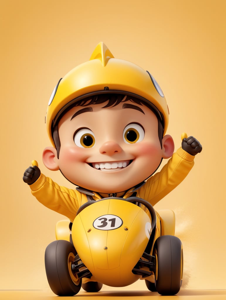 Smiling and cheerful racer in a yellow racer suit on an isolated yellow background