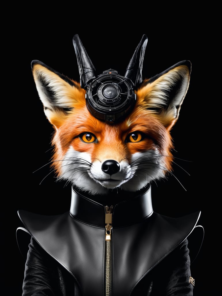 A Fox, avant-garde, simplygo, photoshoot spread, dressed in all black, black background, harpers bizarre, cover, headshot, hyper realistic