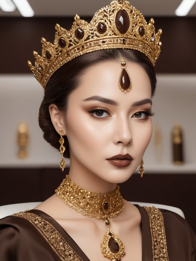 Lip aesthetics clinic in the context of a reign with isolated dark brown colors, with golden details of a determined and concise queen