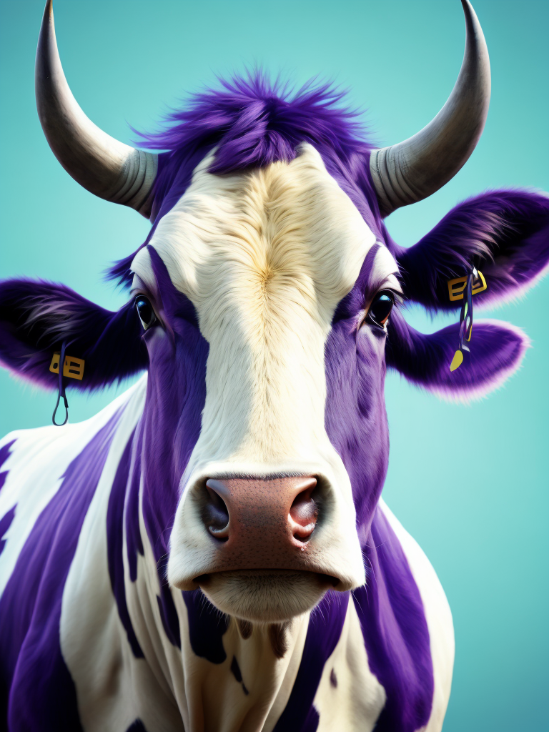 Purple Cow Portrait, Sharp Details, Cow Focus, Bright colors, Cyan Gradient Background