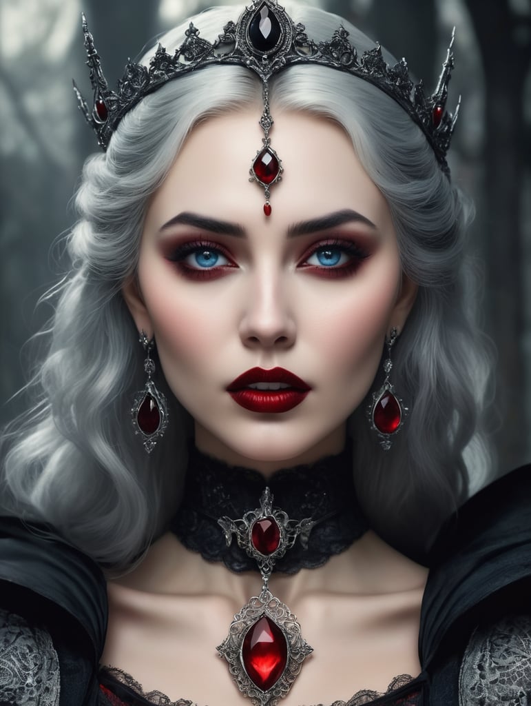 A highly textured image of a medieval fantasy powerful scary evil vampire queen. The image is in a portrait orientation with a 9:16 aspect ratio, resembling an old book painting. Image Details The vampire queen is depicted in a dark, ominous setting with a backdrop of a medieval castle or a dark forest. She is dressed in a long, flowing black gown with intricate details and textures, resembling a mix of medieval and Gothic styles. Her skin is pale and cold, with a subtle blue undertone, giving her an otherworldly appearance. Her eyes are piercing red, with vertical pupils, adding to her menacing and evil appearance. Her hair is long and dark, with subtle hints of red, flowing down her back like a river of night. She is adorned with dark, Gothic-inspired jewelry, including a choker with a large, blood-red gemstone. Her lips are full and red, curled into a cruel smile, revealing her sharp fangs. Artistic Style The image is created in a style reminiscent of old book paintings, with a mix of medieval and Gothic