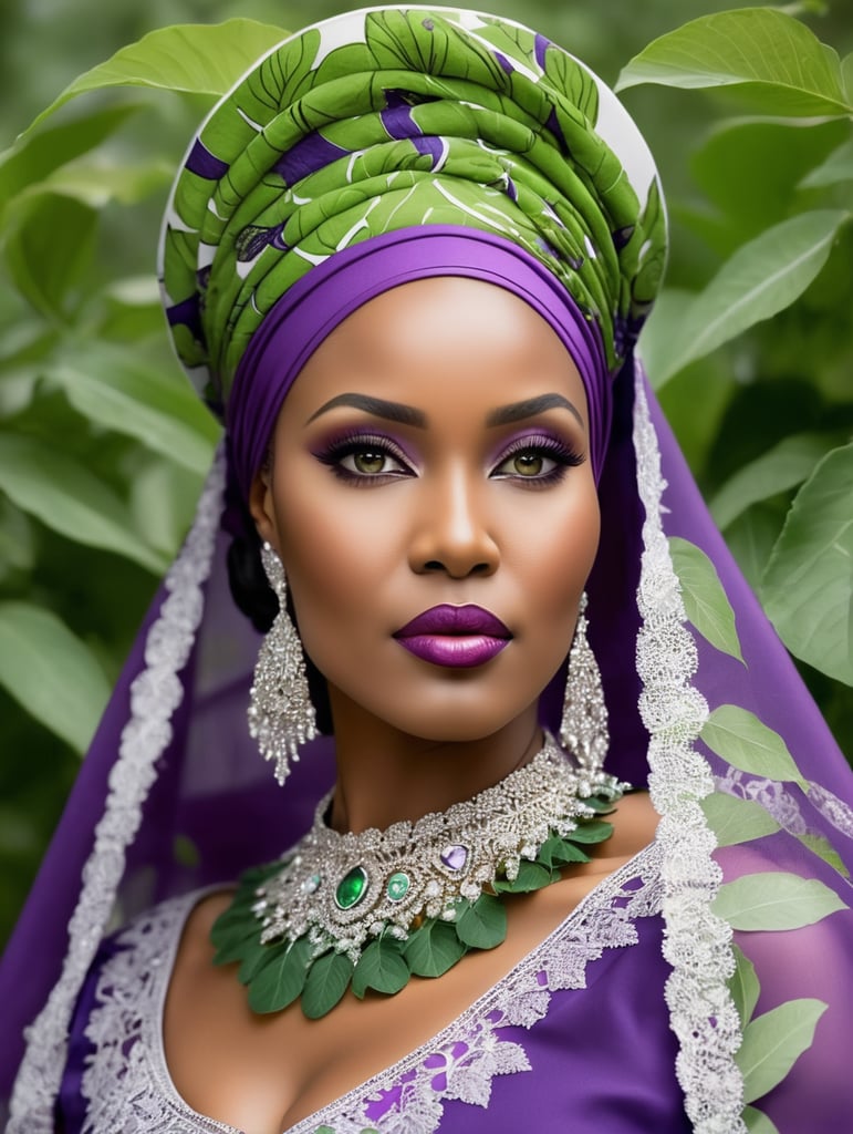 The Northern Star, Arewa. A northern woman from Nigeria with head gear popularly called Zarah Buhari, with a purple African print Bou bou mixed with green leaves. Very elegantly adorned with a veil on her neck, looking demure with kohl in her eyes