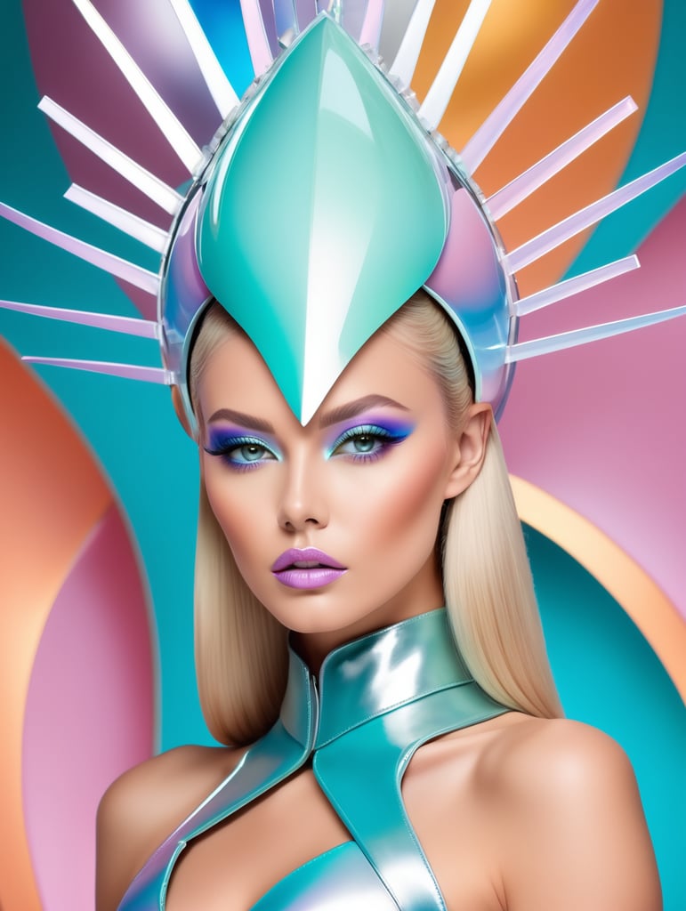 A beautiful blonde female pop artist all pastel sleek futuristic outfit, with huge headpiece center piece, clean makeup, with depth of field, fantastical edgy and regal themed outfit, captured in vivid colors, embodying the essence of fantasy, minimalist