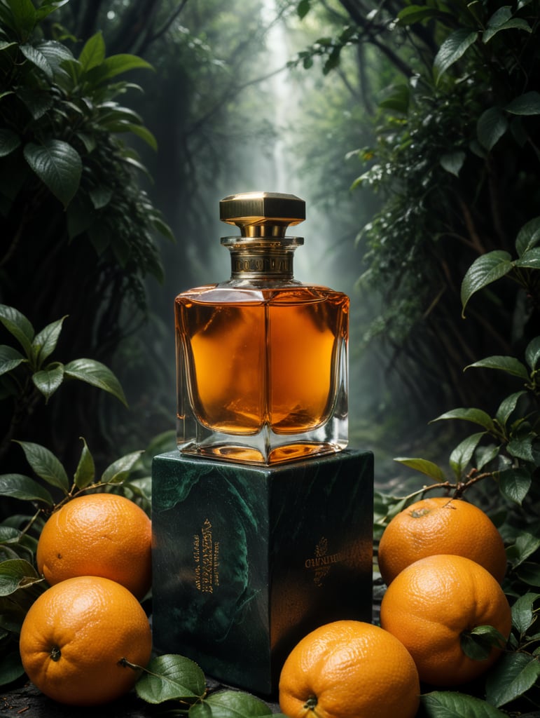 professional photography of a luxury perfume, orange fruits around, orange forest, green satin scarf, no label, clear, mockup