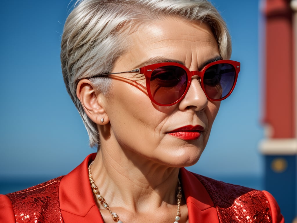 A portrait of a beautiful English older woman with white platinum short hair and big sunglasses, dressed all red, blue background, big cleavage, glamorous London portrait, highly realistic, women designer, very fashionable, colourful
