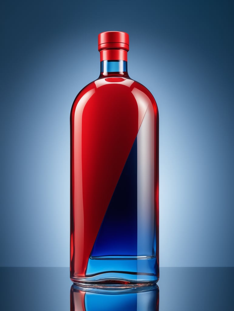 blank Liquor bottle, avant-garde, simplygo, photoshoot spread, all red, blue background, harpers bizarre, cover, headshot, hyper realistic, mockup