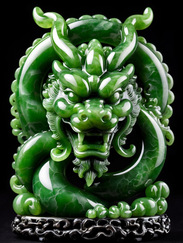 beautifully carved glossy jade heavenly Chinese dragon, wise face, hand carved nephrite jade, museum photo, black background