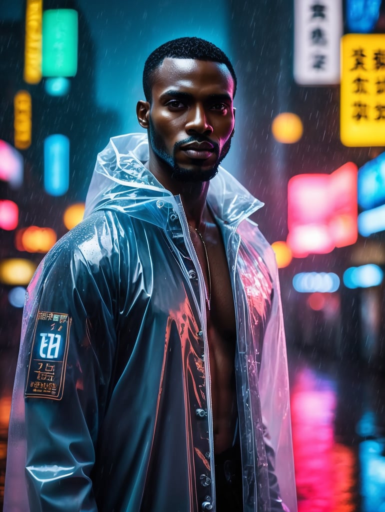 Portrait of A super model black African man wearing translucent raincoat, standing on a street under the heaviest rain, neon cyber city, dark night, neon signs,