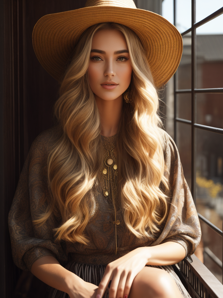 look at camera portrait of elegant woman with long blond hairstyle, sitting on the balcony, in a light summer dress in a straw hat, in the style of movie still, y2k aesthetic, light bronze and dark amber, romantic charm, blink-and-you-miss-it detail, elegantly formal