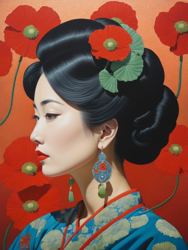 Hiroshi Nagai, ultrafine detailed painting of a woman with a n opium poppy flower in her hair, whimsical, detailed painting
