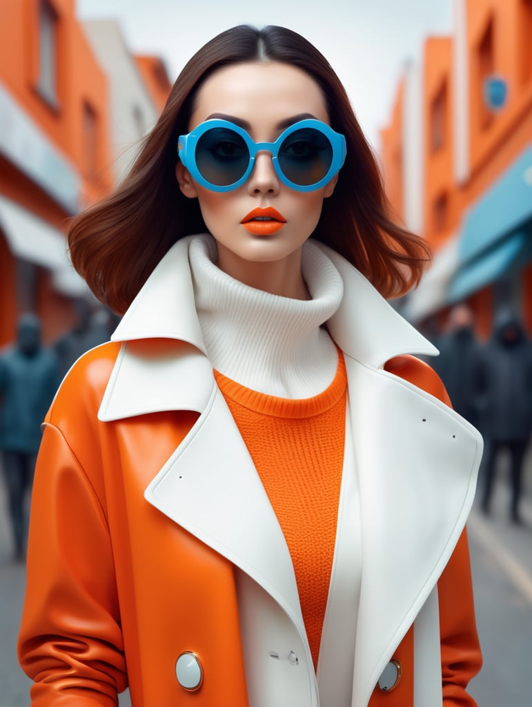 Front face half body photography, in a suburb, a cyber woman model wearing a orange color sweater and wide open white coat and large sunglasses walking in the street, 360 degree view, art by sergio lopez, natalie shau, james jean and salvador dali