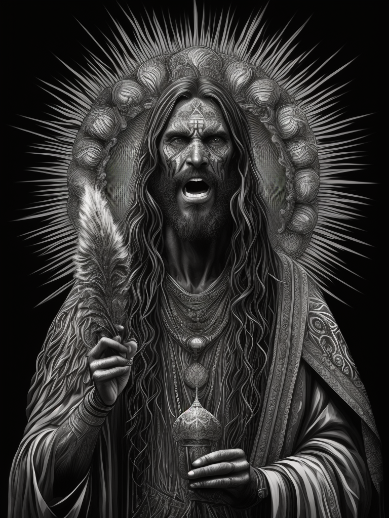 Jesus, realistic Shaman consuming ayahuasca, ink illustration, black and white, fine lines, intricate details, highly detailed